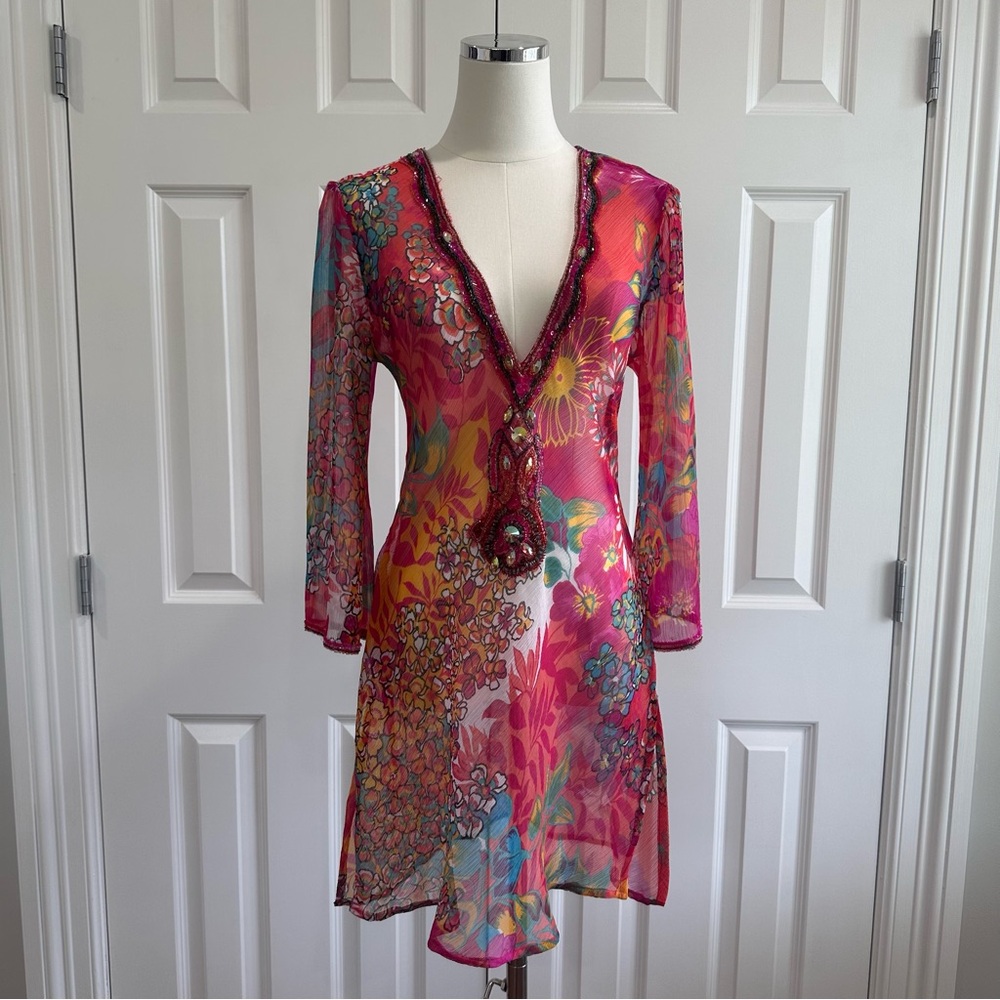 Vibrant Floral V-Neck Beach Cover-up Dress, Vacation, Swimwear,Tunic, Size OS